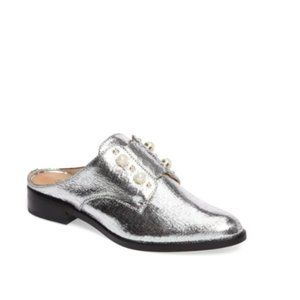 SCHUTZ Jaine Pearl Embellished Fall Chic Metallic Casual Mule Loafer Silver